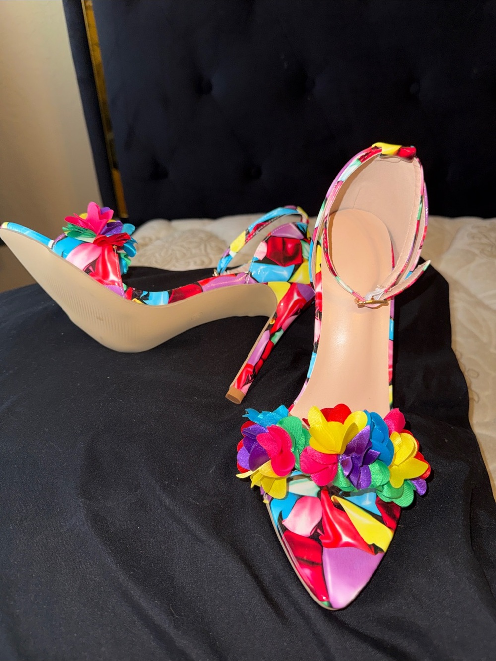Multicolor Floral Ankle-Strap Pointed Heels - Picture 2 of 6